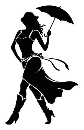 This elegant silhouette features a woman holding an umbrella in a stylish pose, showcasing fashion and beauty in a captivating black-and-white design.のイラスト素材