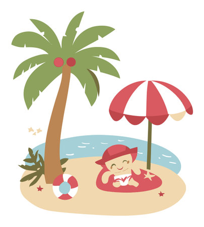A charming cartoon illustration of a happy child relaxing on a sandy beach under a colorful umbrella, surrounded by palm trees and ocean waves. Perfect for summer themes!のイラスト素材