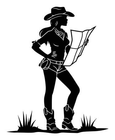 This illustration features a confident cowgirl silhouette holding a map, embodying adventure and exploration in a vibrant outdoor setting.のイラスト素材