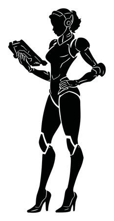 This striking vector illustration features a stylish female robot holding a tablet, showcasing a modern and futuristic design. Perfect for tech-themed projects.のイラスト素材
