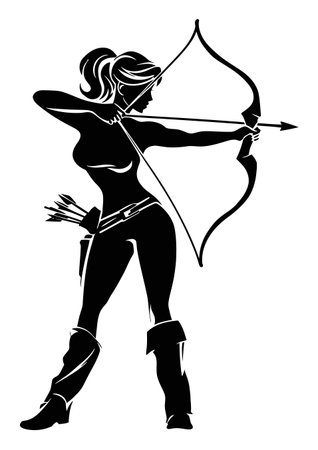 Capture the spirit of adventure with this elegant archer vector illustration, showcasing a strong female figure aiming a bow and arrow in a striking pose.のイラスト素材