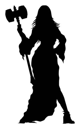 Explore a captivating illustration showcasing a silhouette of a powerful woman holding a large hammer. This design embodies strength and elegance, perfect for fantasy themes.のイラスト素材