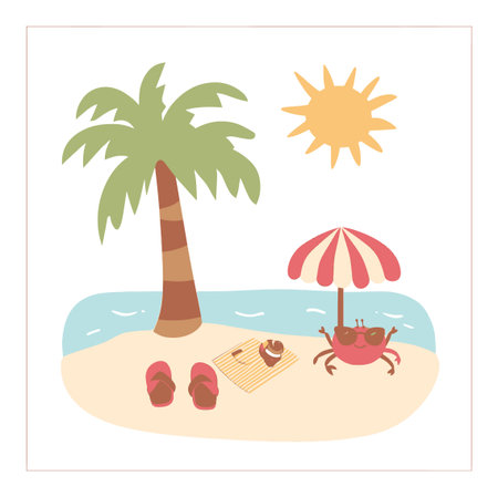 A cheerful cartoon illustration of a tropical beach scene featuring a crab, palm tree, and sun....