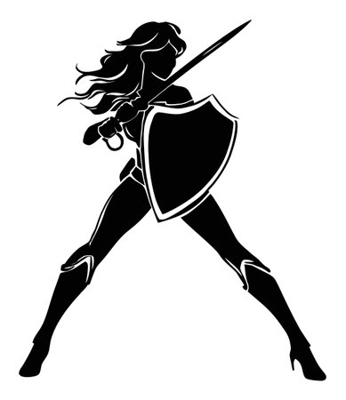 Stunning vector illustration of a dynamic warrior silhouette wielding a sword and shield, symbolizing strength and bravery, perfect for various creative projects.のイラスト素材
