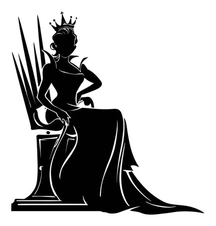 This elegant silhouette features a queen seated on a grand throne, creating a striking visual representation of authority and grace. Perfect for various design applications.のイラスト素材