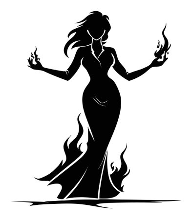 This captivating vector illustration features an elegant silhouette of a woman surrounded by flames, symbolizing power and beauty in a dramatic setting.のイラスト素材