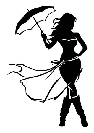 This striking vector illustration depicts an elegant silhouette of a woman holding an umbrella, exuding grace and style with flowing movements in her dress.のイラスト素材