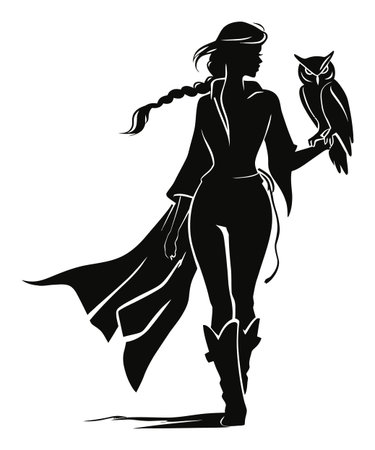 This striking vector graphic features an elegant silhouette of a woman in a coat, holding an owl. Ideal for fantasy themes, this artwork embodies mystery and grace.のイラスト素材