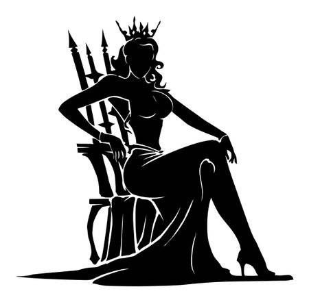 This elegant silhouette depicts a royal figure seated confidently on a throne, embodying grace and beauty, ideal for creative projects or designs.のイラスト素材