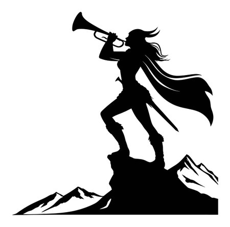 A striking silhouette of a woman playing a trumpet atop a mountain peak, symbolizing strength and heroism. This captivating design evokes themes of adventure and triumph in a natural setting.のイラスト素材