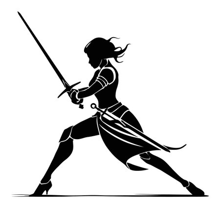 This striking silhouette depicts a warrior woman in an action pose, wielding a sword with grace and strength. Perfect for themes of empowerment and adventure.のイラスト素材