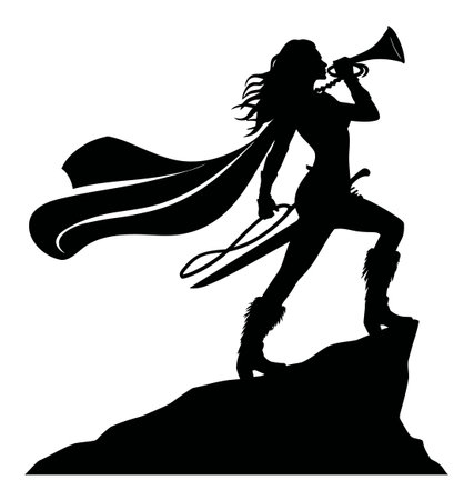 This striking silhouette showcases a strong woman standing confidently on a rock, Megaphone in hand, symbolizing empowerment and vocal leadership.のイラスト素材