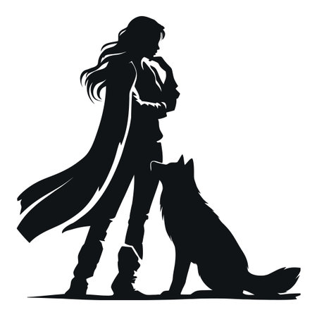This vector artwork features a silhouette of a woman with long hair standing beside a dog. The design captures the bond between the two, symbolizing companionship and tranquility in a stylized format.のイラスト素材
