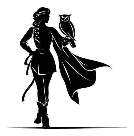 This vector illustration features a graceful silhouette of a female character walking with an owl perched on her arm. The mystical ambiance and elegant pose evoke a sense of adventure and enchantment.のイラスト素材