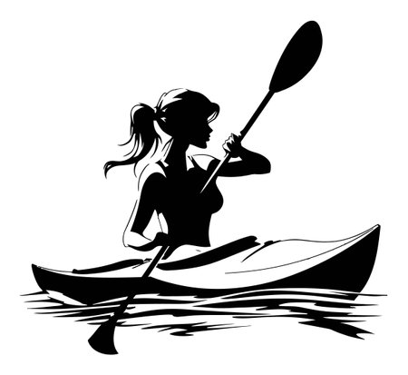 This vector illustration features a silhouette of a woman kayaking, capturing the essence of freedom and adventure on calm waters. Perfect for designs related to outdoor activities.のイラスト素材