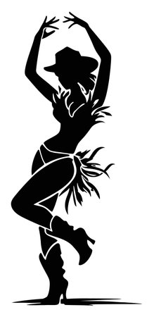 This striking silhouette features a dancer in a cowboy hat and fringed skirt, exuding energy and elegance. Perfect for designs and art projects.のイラスト素材