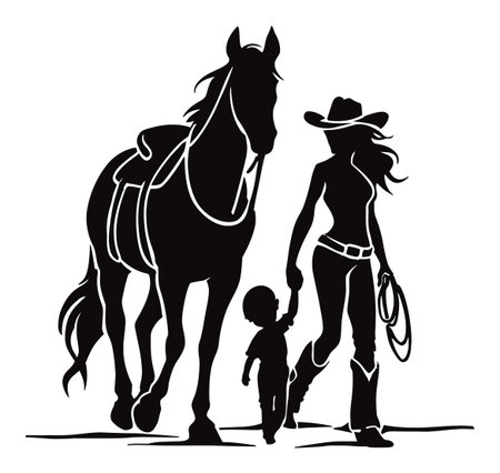 This vector illustration showcases a woman and child walking hand in hand with a horse. A beautiful silhouette that captures the essence of outdoor family bonds and adventures.のイラスト素材