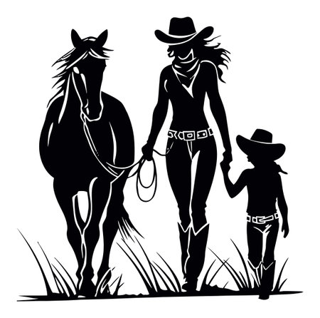 This vector illustration showcases a silhouette of a woman and child walking with a horse, emphasizing their bond and love for nature. Ideal for themes of family, adventure, and outdoor life.のイラスト素材