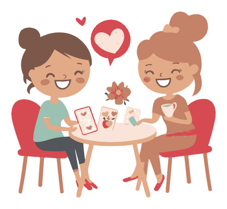 Delightful cartoon illustration of two friends sharing coffee and heartfelt moments at a table, celebrating friendship and joy in a cozy atmosphere.のイラスト素材