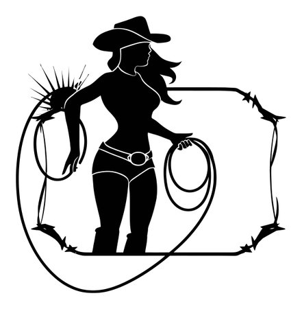 This striking vector illustration features a silhouette of a cowgirl holding a lasso, enclosed in a decorative frame. Perfect for western-themed projects.のイラスト素材