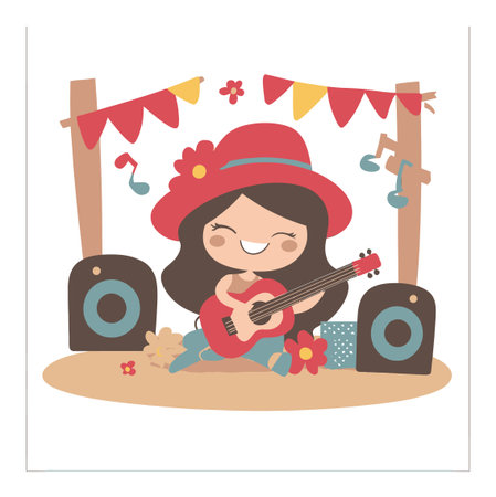 A vibrant cartoon illustration of a girl playing guitar, surrounded by colorful decorations and flowers, perfect for music-themed designs and joyful expressions.のイラスト素材