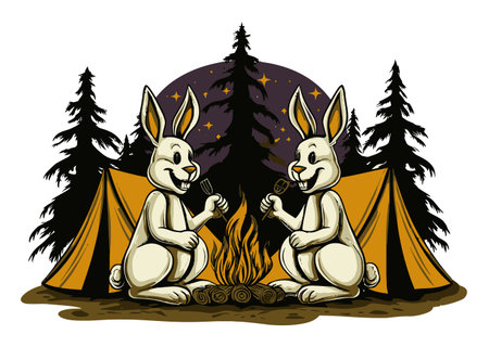 This whimsical illustration features two cartoon rabbits enjoying a cozy campfire under a starry night sky, surrounded by tents and tall trees.のイラスト素材