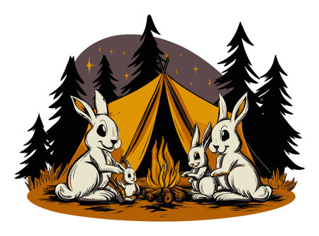 This charming illustration features adorable rabbits gathered around a warm campfire near a cozy tent, set in a tranquil woodland at night.のイラスト素材
