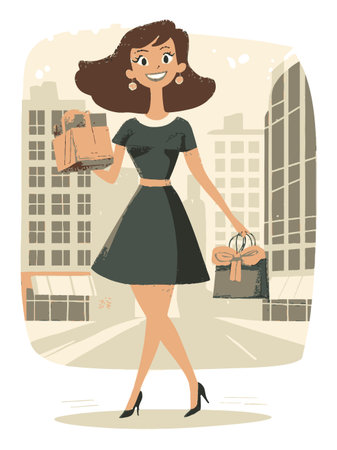 A stylish cartoon woman confidently strolls through an urban landscape with shopping bags. This vector illustration exudes joy and fashion in a modern city setting.のイラスト素材