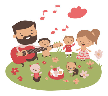 Delightful illustration of a joyful family singing together outdoors, surrounded by flowers and playful characters. Perfect for themes of happiness and music.のイラスト素材