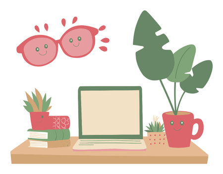 A cheerful cartoon illustration of a cozy workspace featuring a laptop, smiling glasses, and potted plants, perfect for a fun and inspiring home office vibe.のイラスト素材