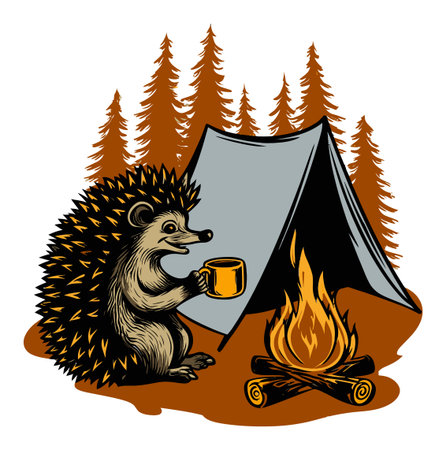 This delightful illustration features a charming hedgehog sitting by a campfire, enjoying a warm drink in front of a tent, surrounded by trees. Perfect for camping themes.のイラスト素材