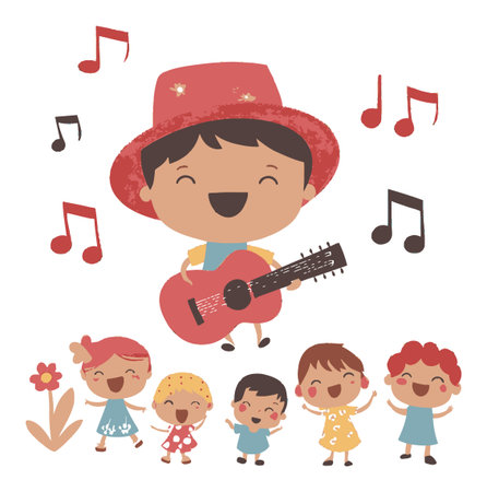 Delightful cartoon illustration of happy children enjoying music and singing together with a colorful guitar. Perfect for themes of joy and friendship.のイラスト素材