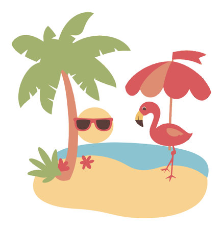Delight in this charming cartoon illustration featuring a vibrant tropical scene with a flamingo, palm tree, and sunny beach setting. Perfect for summer themes!のイラスト素材