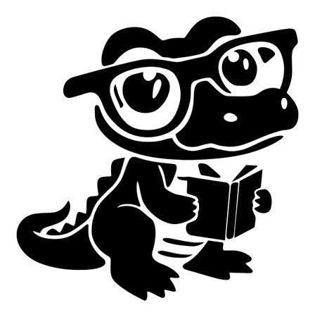 This illustration features a cute cartoon crocodile wearing glasses and holding a book, depicting a playful scene that encourages learning and creativity.のイラスト素材