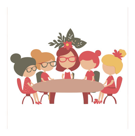 This vibrant cartoon illustration showcases a diverse group of women in a meeting, fostering creativity and collaboration around a table, encapsulating teamwork.のイラスト素材