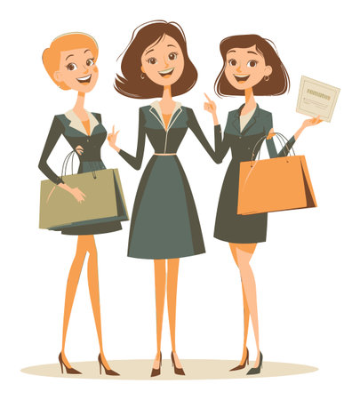 Three cheerful women dressed in stylish outfits enjoy a shopping experience together, holding bags and sharing joyful moments. Perfect for retail and lifestyle themes.のイラスト素材