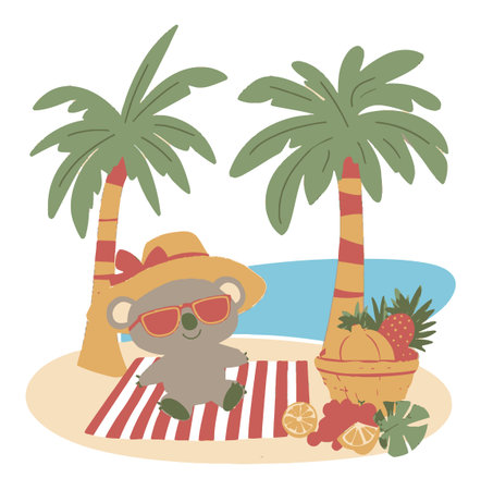Cartoon koala enjoys a sunny beach day, wearing a hat and sunglasses. Surrounded by palm trees and a basket of fruits, it represents summer fun.のイラスト素材
