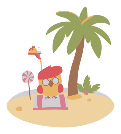 A whimsical cartoon owl wearing sunglasses enjoys a sunny beach day under a palm tree. Surrounded by treats and a colorful environment, this design evokes relaxation and fun.のイラスト素材