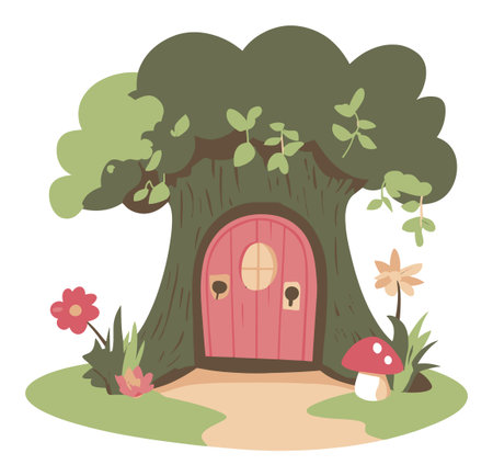 Bright and colorful cartoon-style tree house surrounded by whimsical flowers and a mushroom. Perfect for children's illustrations or playful designs.のイラスト素材