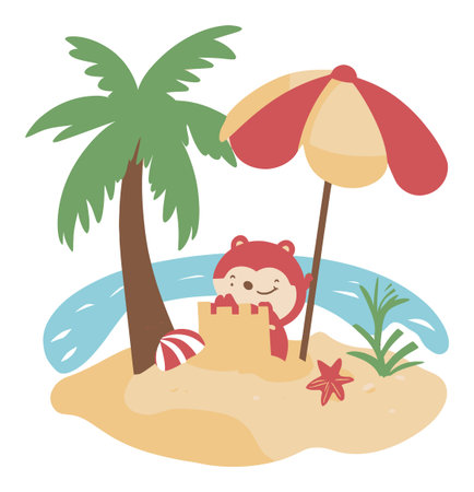 Adorable cartoon character enjoying a beach day, building a sandcastle under a colorful umbrella. Perfect for summer-themed designs and kids' projects.のイラスト素材