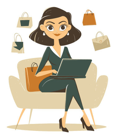 A vibrant cartoon illustration of a young businesswoman working on a laptop. She is surrounded by shopping bags, highlighting a blend of work and lifestyle. Perfect for modern business themes.のイラスト素材