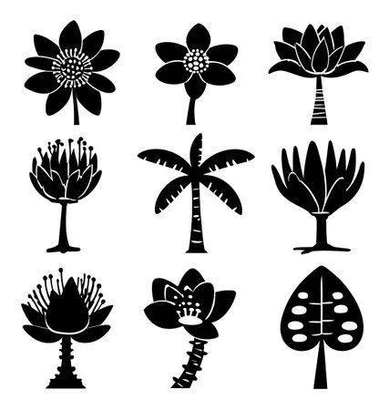 A collection of artistic silhouettes featuring various flowers and trees in a striking black and white design, perfect for botanical illustrations or creative decoration.のイラスト素材