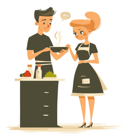 A cheerful cartoon couple cooking together in a modern kitchen, sharing a joyful moment as they prepare a meal. The scene highlights teamwork and fun.のイラスト素材