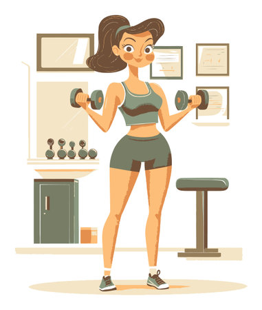A vibrant cartoon illustration of a woman exercising with dumbbells in a gym. Perfect for promoting fitness and health-related themes in a fun way.のイラスト素材