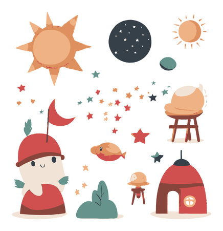 A delightful collection of colorful cartoon elements featuring a sun, stars, whimsical characters, and playful designs perfect for art and illustration projects.のイラスト素材