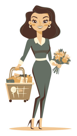 A cheerful cartoon woman stands confidently with a shopping basket and bouquet. She embodies style and modernity, perfect for lifestyle and retail themes.のイラスト素材