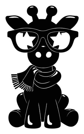 This black and white cartoon silhouette features a whimsical giraffe wearing stylish glasses and a cozy scarf. Perfect for creative projects.のイラスト素材