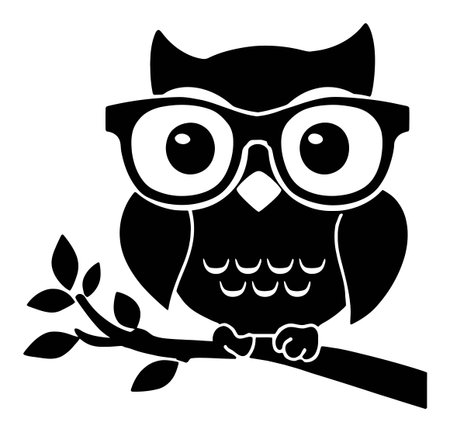 This charming silhouette features a cute owl wearing glasses on a branch. Perfect for cartoon-themed projects, illustrations, and creative designs.のイラスト素材