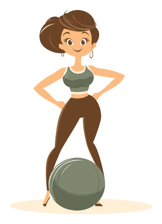 This cartoon illustration features a confident woman standing proudly beside a fitness ball. She embodies strength and positivity, perfect for fitness and wellness projects.のイラスト素材