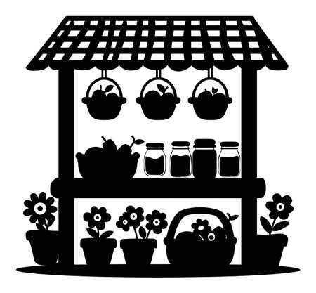 This black silhouette illustration of a market stall features fruits in jars, flowers in pots, and a basket, perfect for seasonal themes and organic designs.のイラスト素材